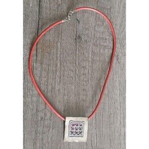 Modernist Handmade Garnet Grid Sterling Silver On Leather Cord Vintage Necklace